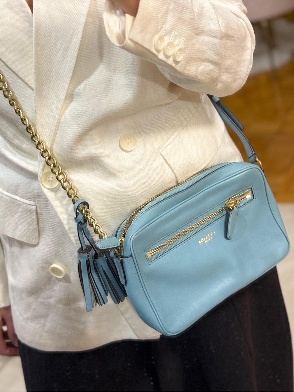 Coach Leather Blue Crossbody Bag with Gold Accents
